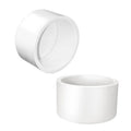 White PVC pipe end cap plug with open round interior, socket-style fitting