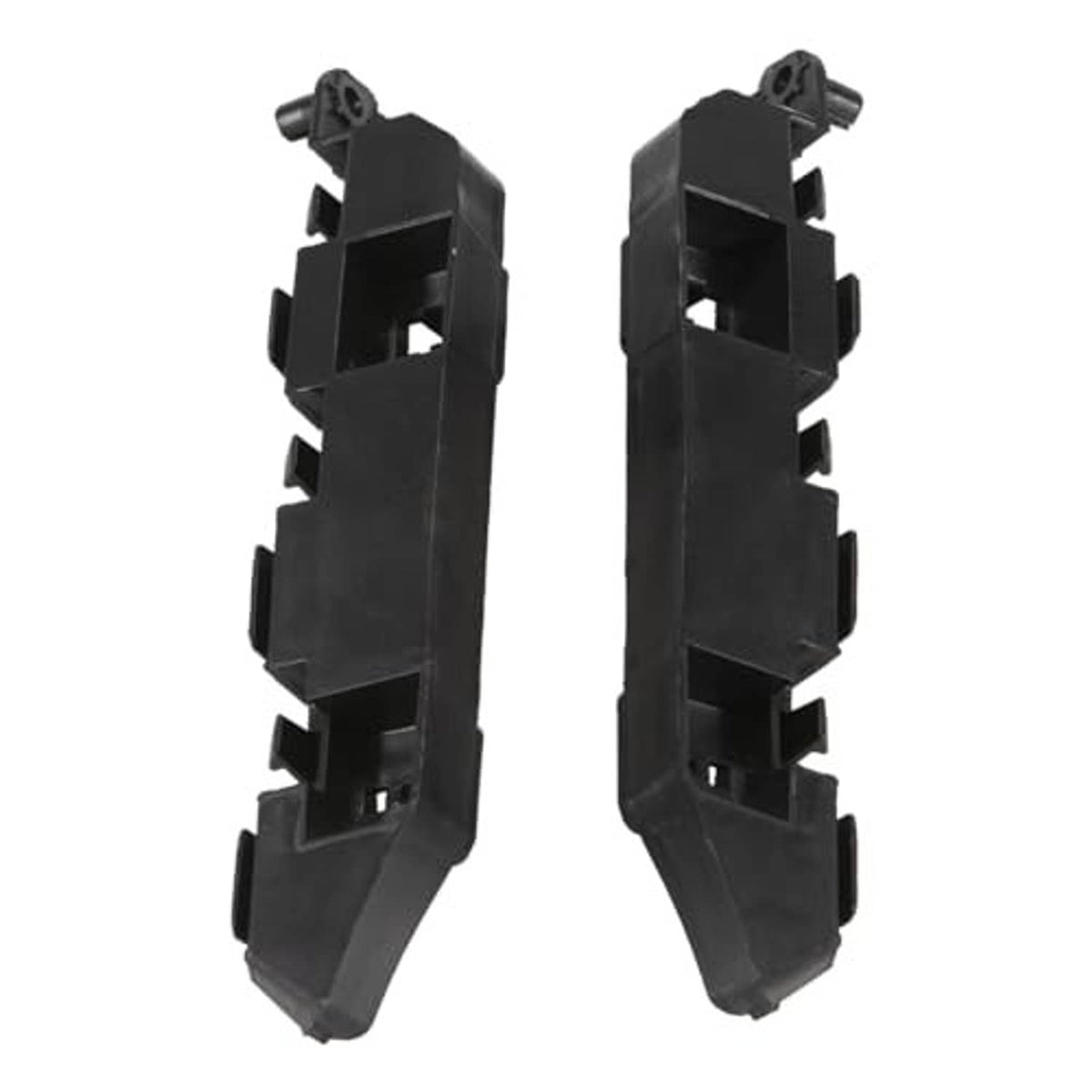 Front bumper bracket set in black plastic with mounting holes, pair
