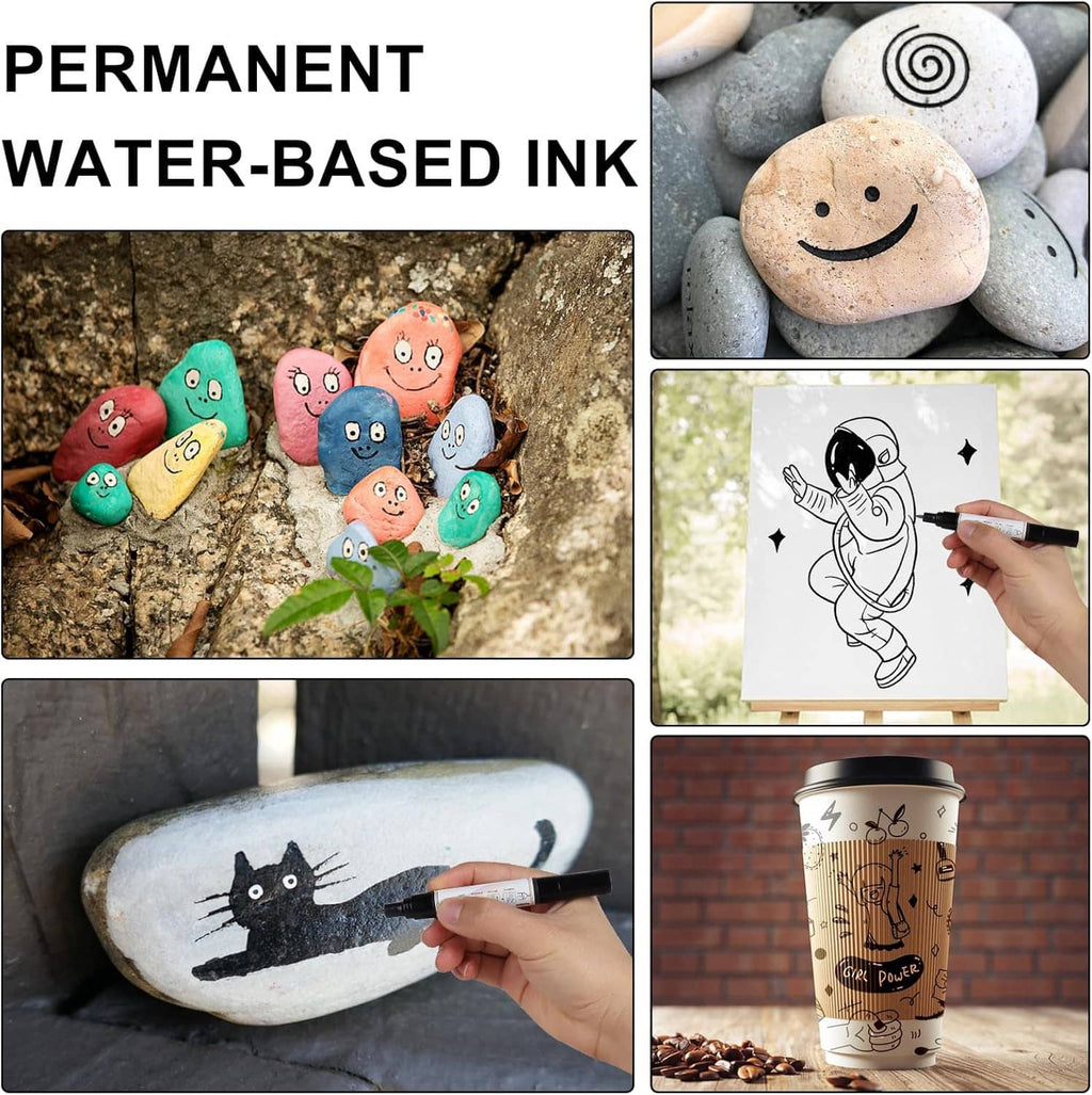 Water-based acrylic paint markers labeled for permanent, smooth coverage