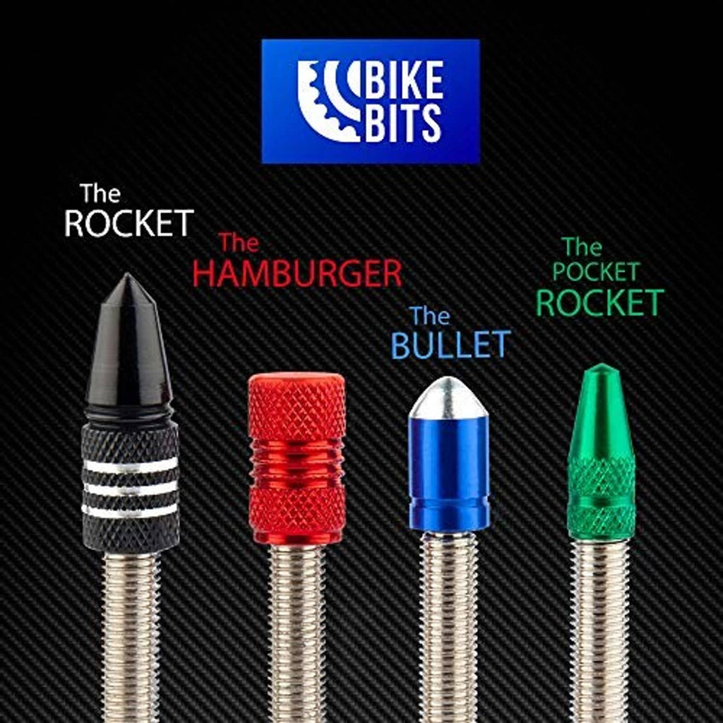 Assorted anodized Presta valve caps: black, red, blue, and green (4-pack)