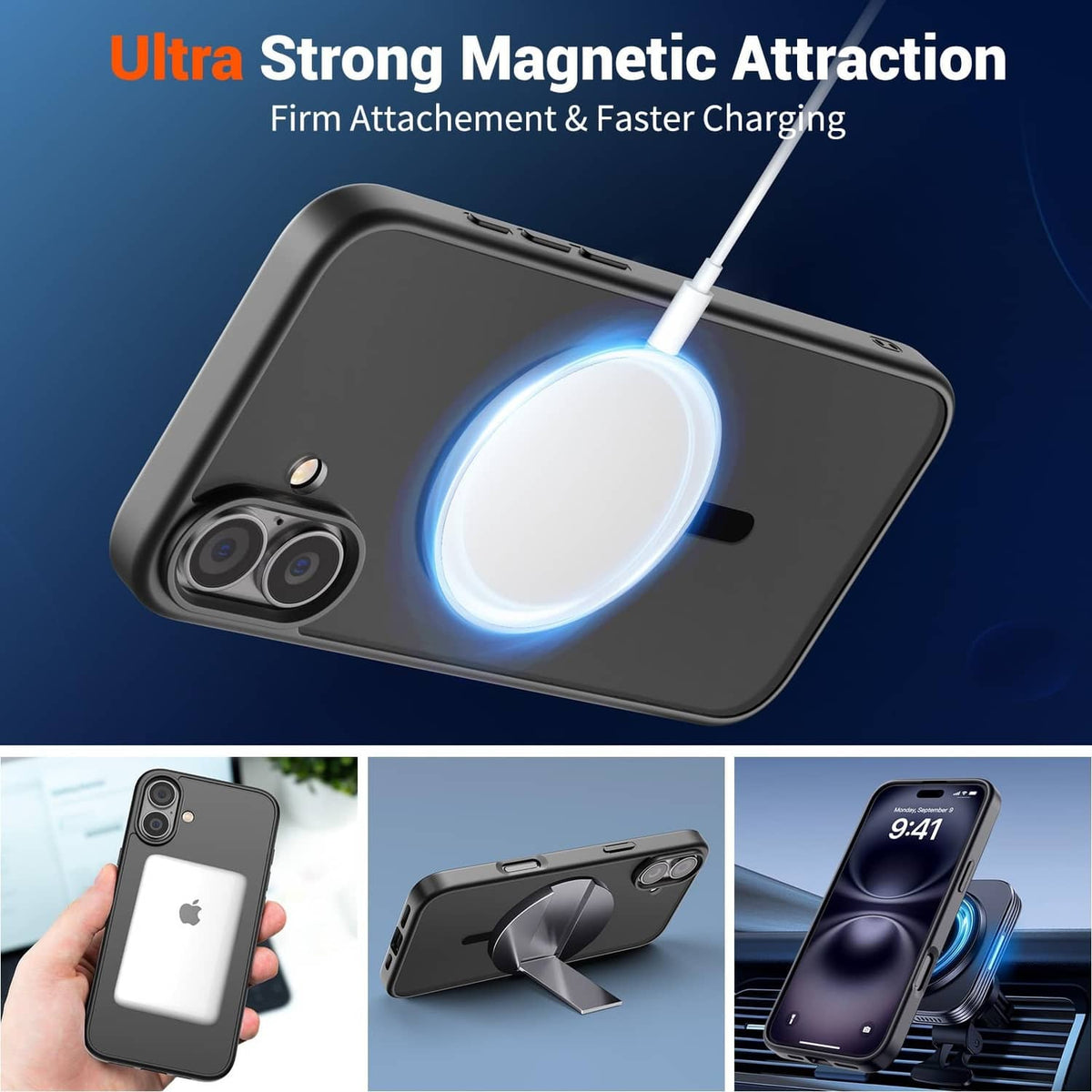 Black magnetic iPhone case with glowing circular magnetic charging area