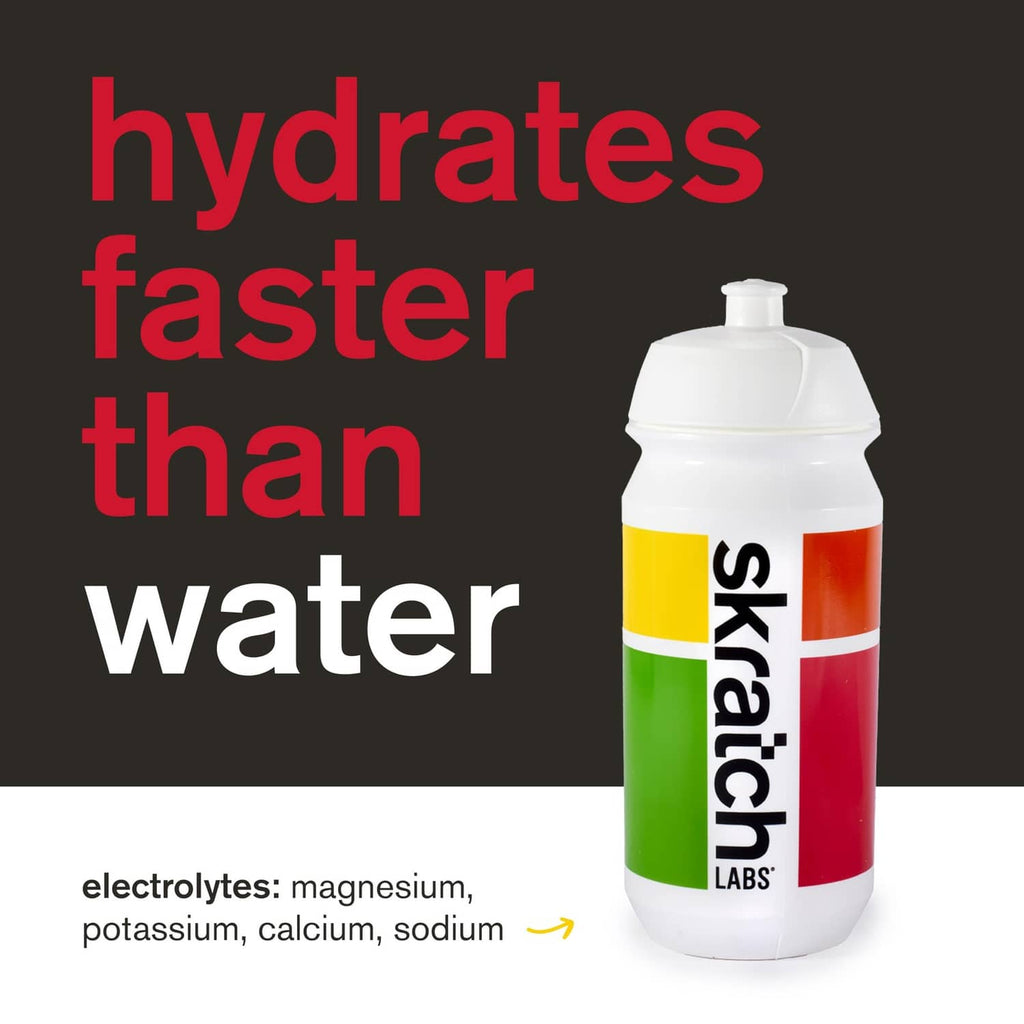 Hydration sports drink mix bottle with yellow and red stripe label and flip-top cap