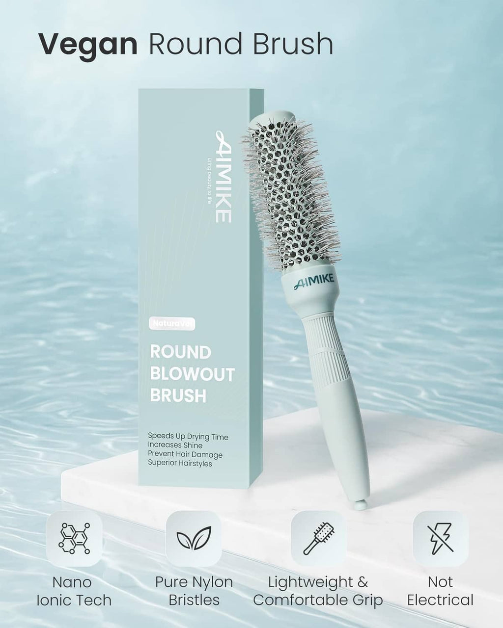 Round blowout brush with silver-toned vented bristles and light blue handle