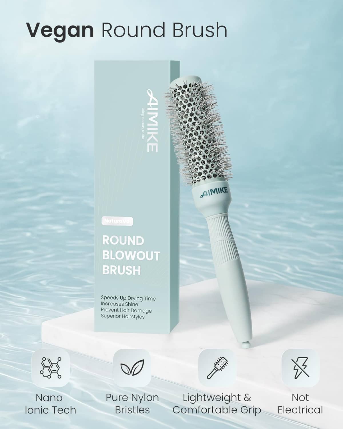Round blowout brush with silver-toned vented bristles and light blue handle