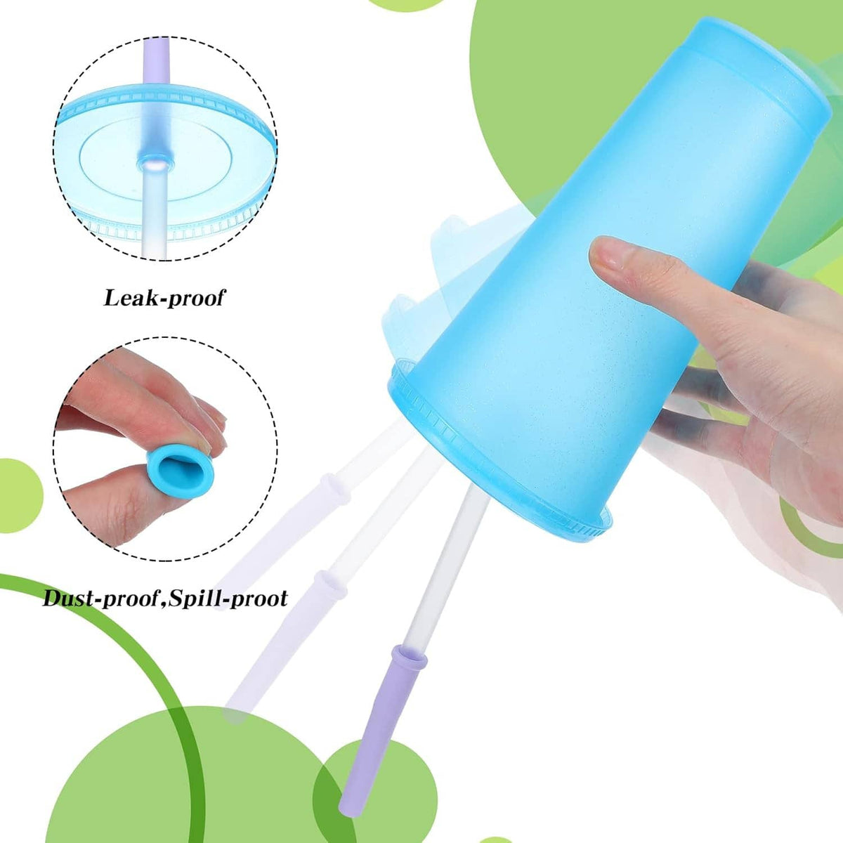 Blue spill-proof tumbler straw replacements with dust cover, held by hand