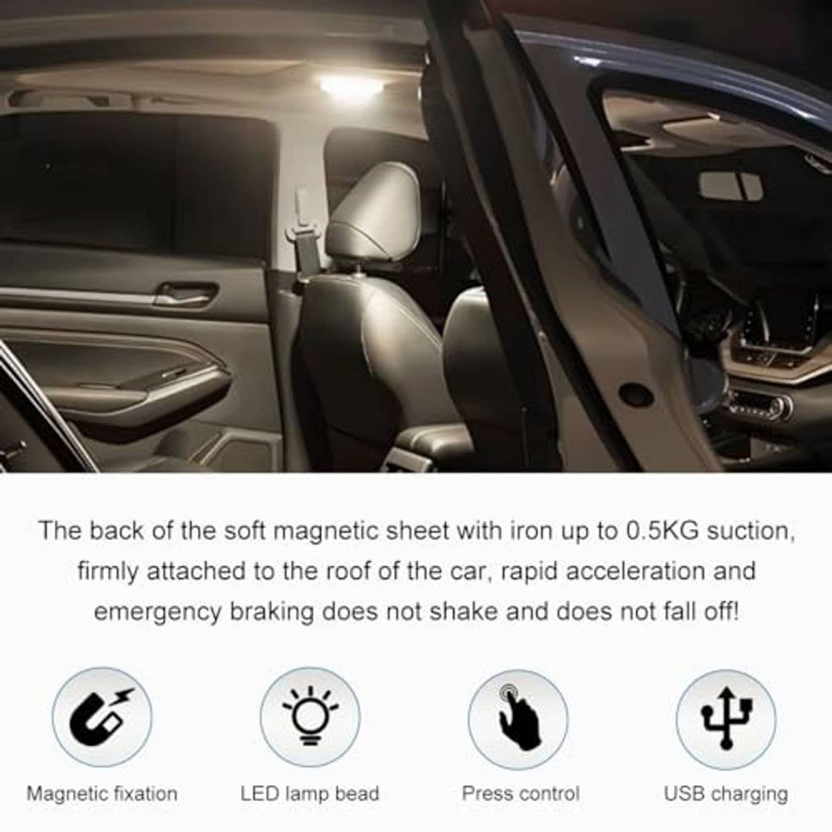 Gray magnetic LED dome light with magnet sheet for roof mounting