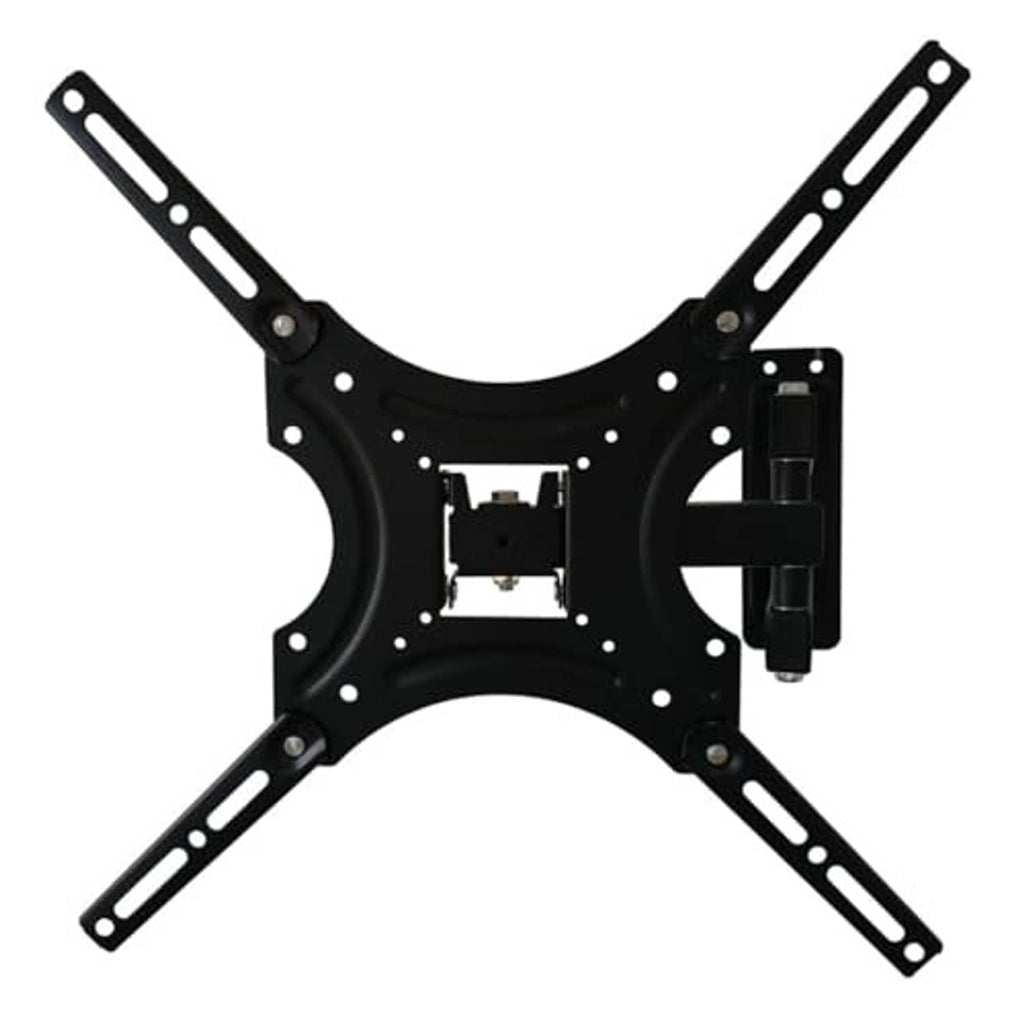 TV wall mount bracket with central hinge and four diagonal support arms, black.