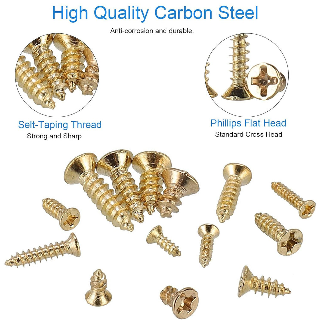 Gold plated Phillips flat head self tapping screws with round cross drive heads