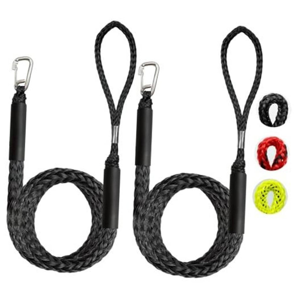 Black braided bungee boat lines with extended loop and silver metal clips, two-pack