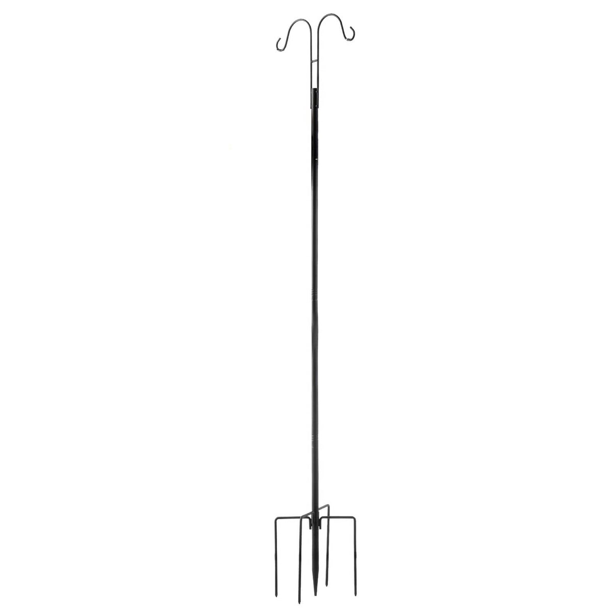 Black bird feeder pole with dual curved hooks and ground anchor spikes