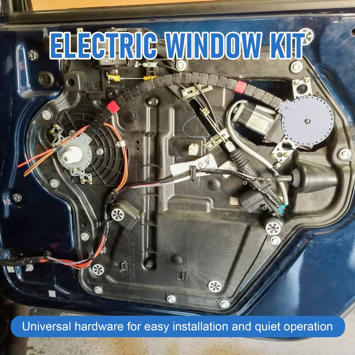 Electric window lift regulator kit installed in a car door with motor and wiring