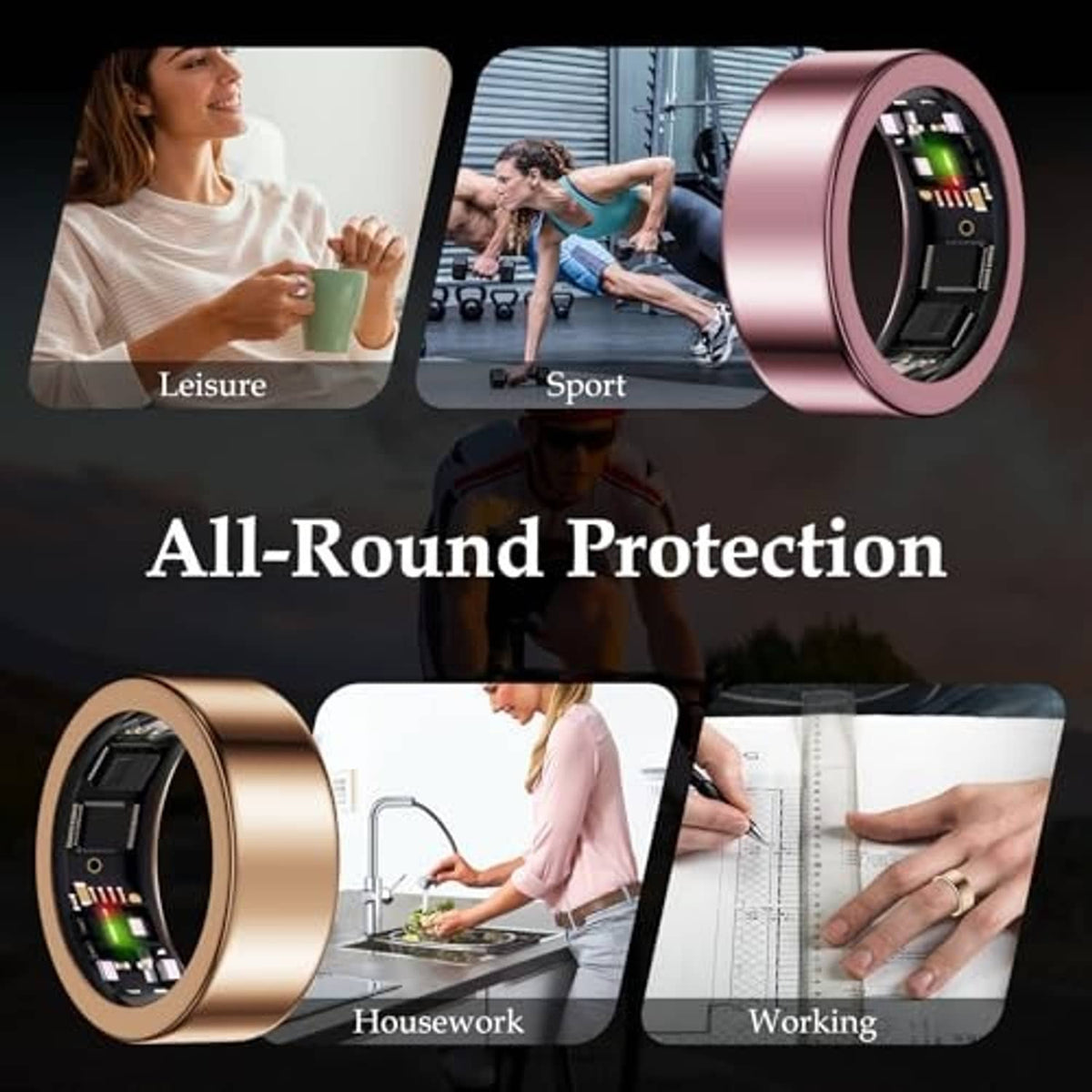Ring cover in rose gold with internal window, shown with protection use cases