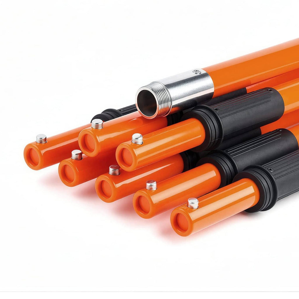 Extendable pole saw pruner head with orange fiberglass pole sections and black couplings