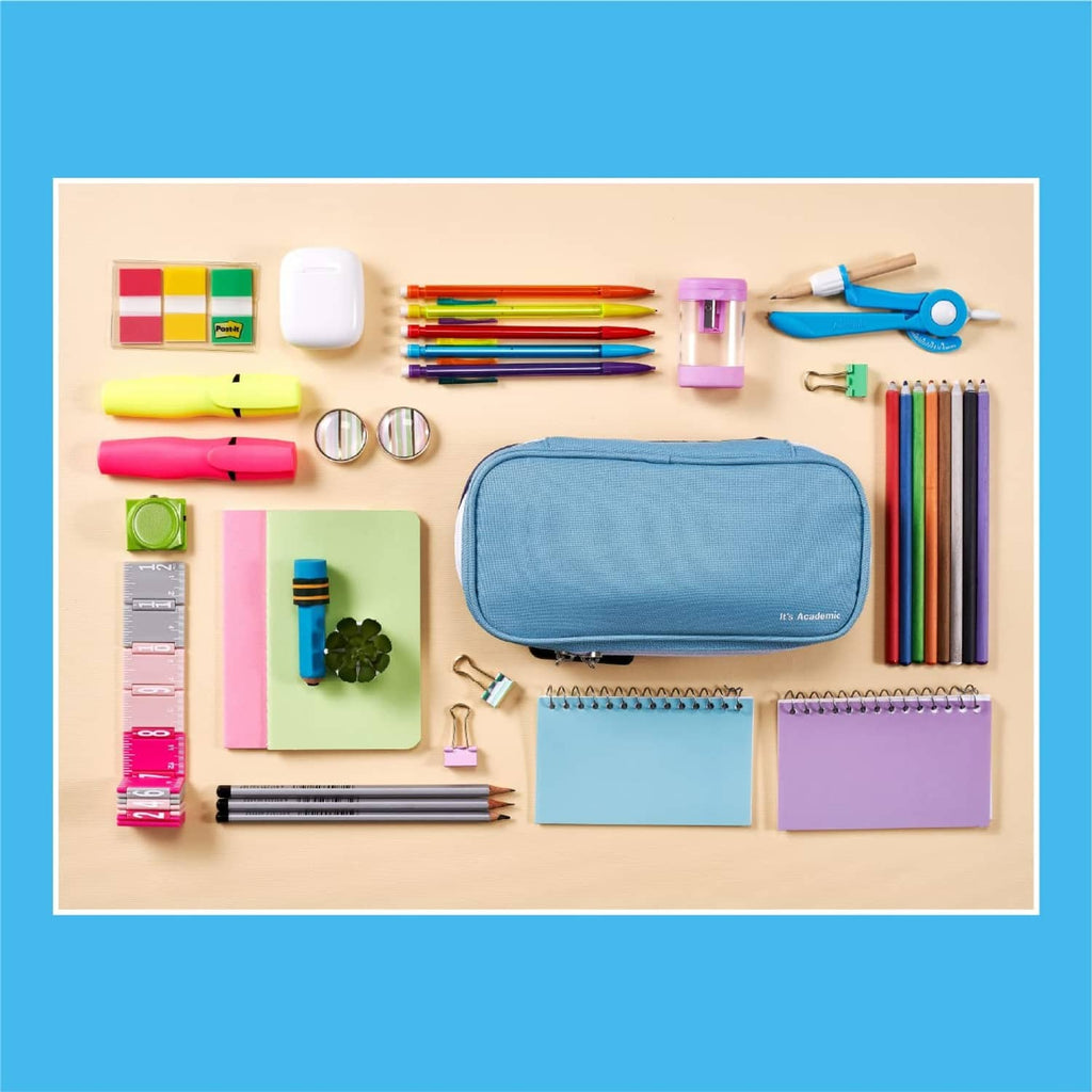 Blue locking pencil case lying flat on desk with stationery supplies around it.
