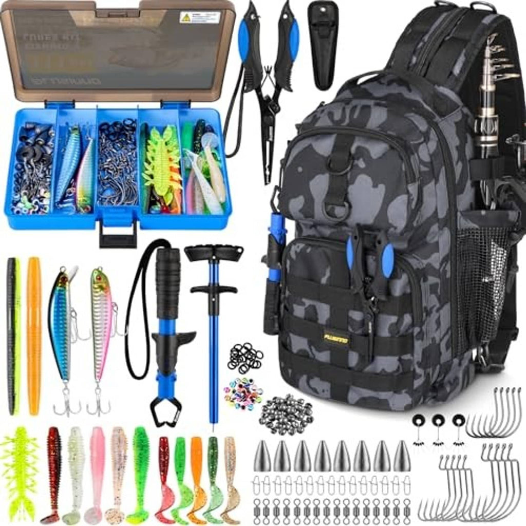 Camouflage black fishing backpack with open blue tackle box and hanging lure tools