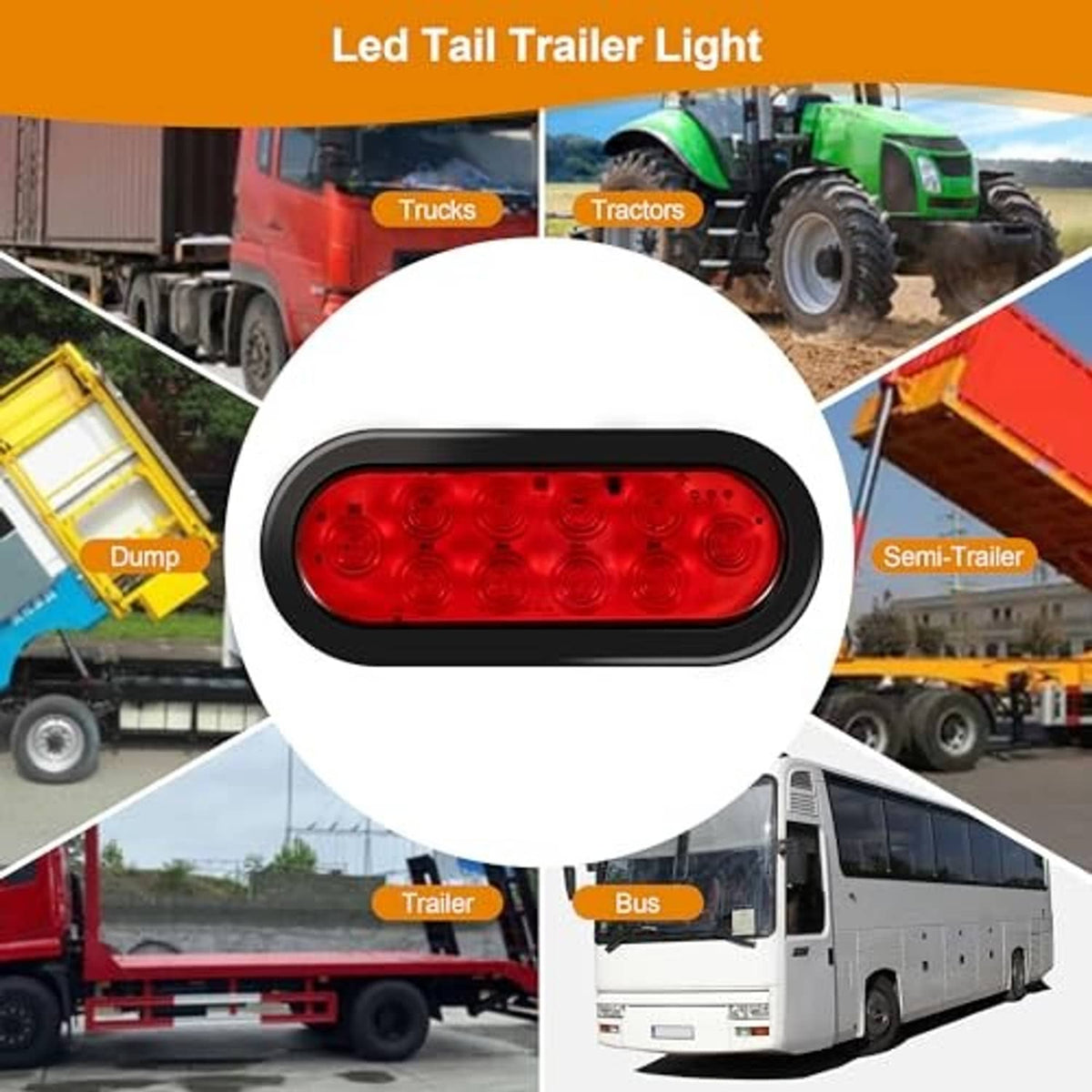 Oval red LED trailer tail light with black bezel, close-up centered design