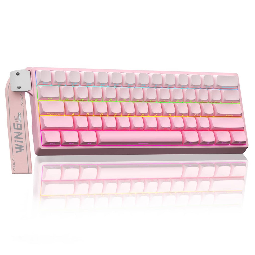 Pink mechanical gaming keyboard with RGB backlit keys and translucent keycaps