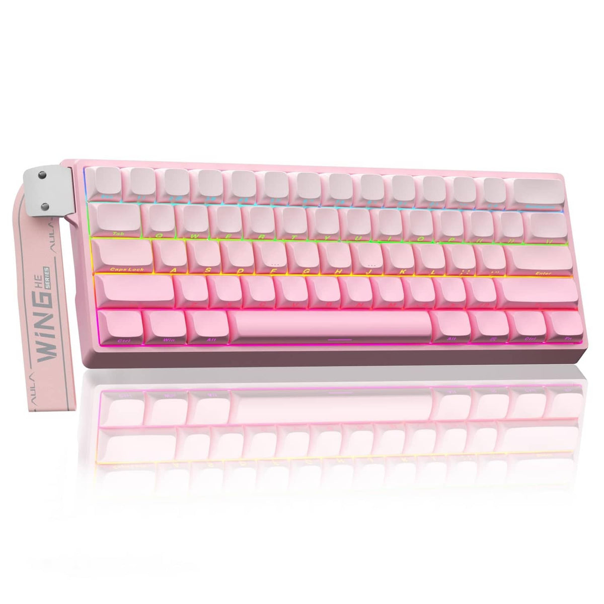 Pink mechanical gaming keyboard with RGB backlit keys and translucent keycaps