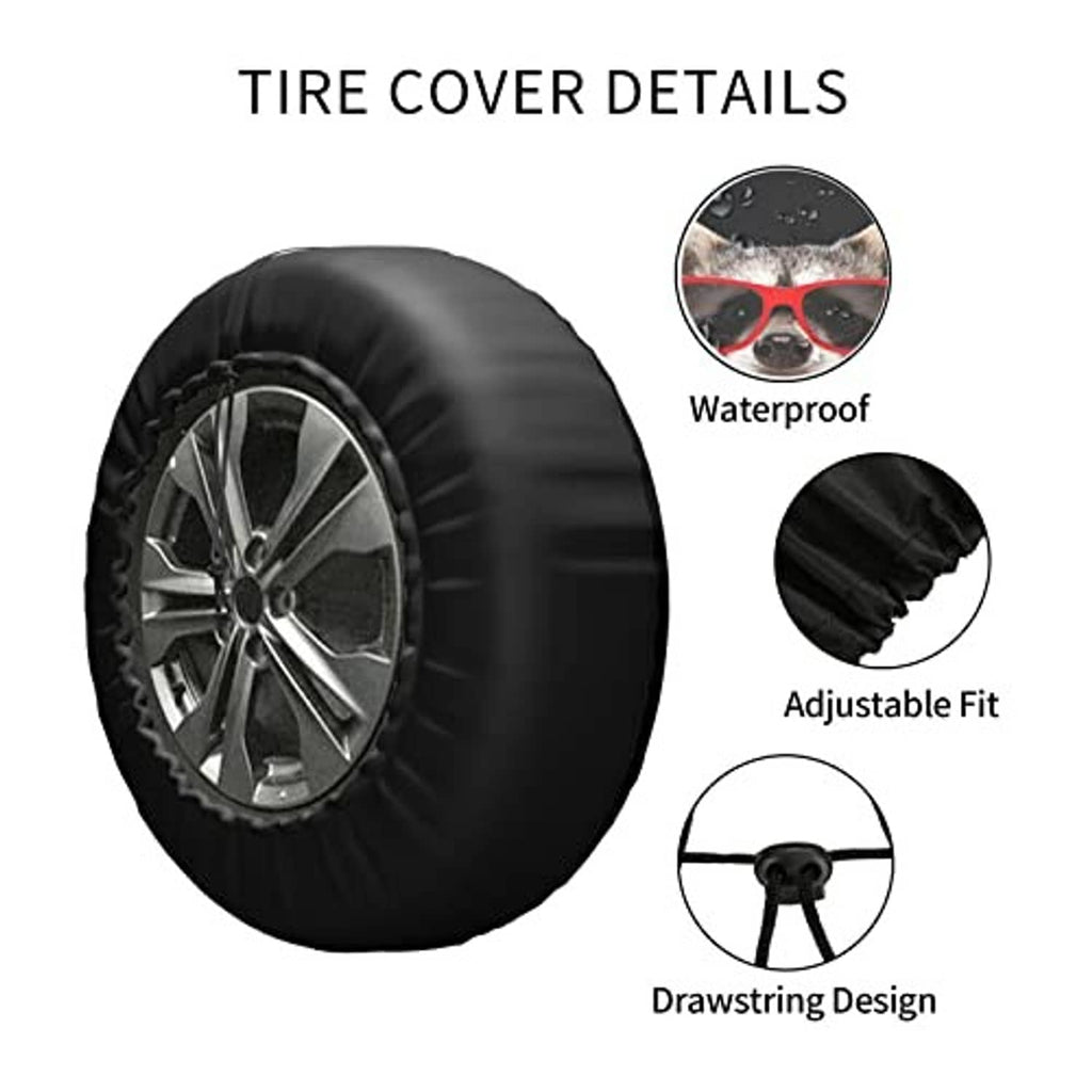 Spare tire cover details: waterproof, adjustable fit drawstring, raccoon face