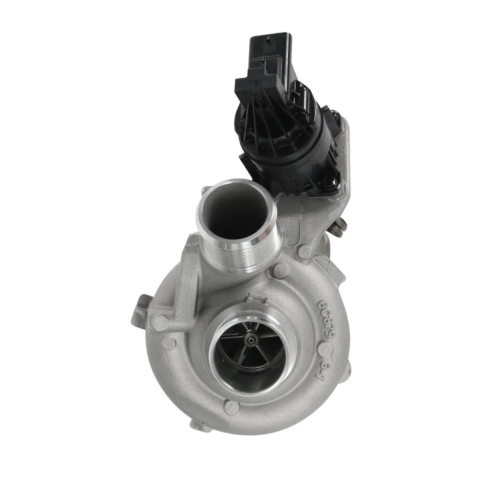 Turbocharger with silver compressor wheel and black intake housing, top view