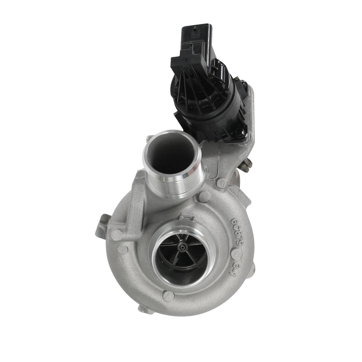 Turbocharger with silver compressor wheel and black intake housing, top view