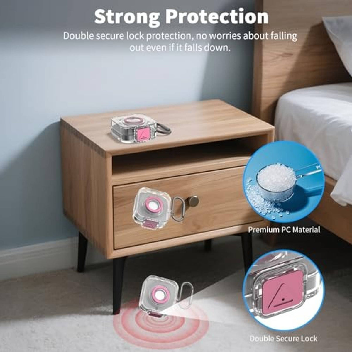 Protective charging case on nightstand with gray base, pink latch, and carabiner