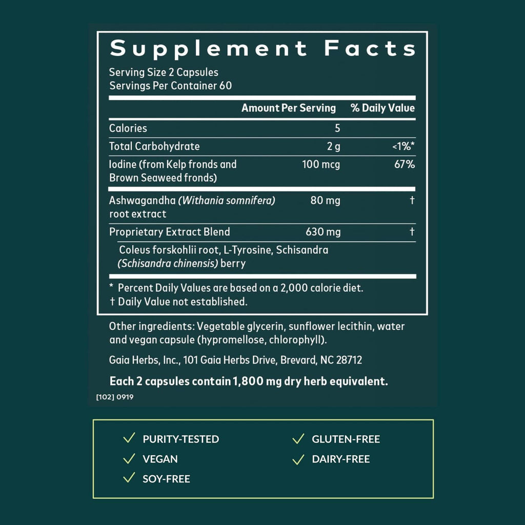 Supplement Facts label for thyroid support liquid phyto-caps and ingredients