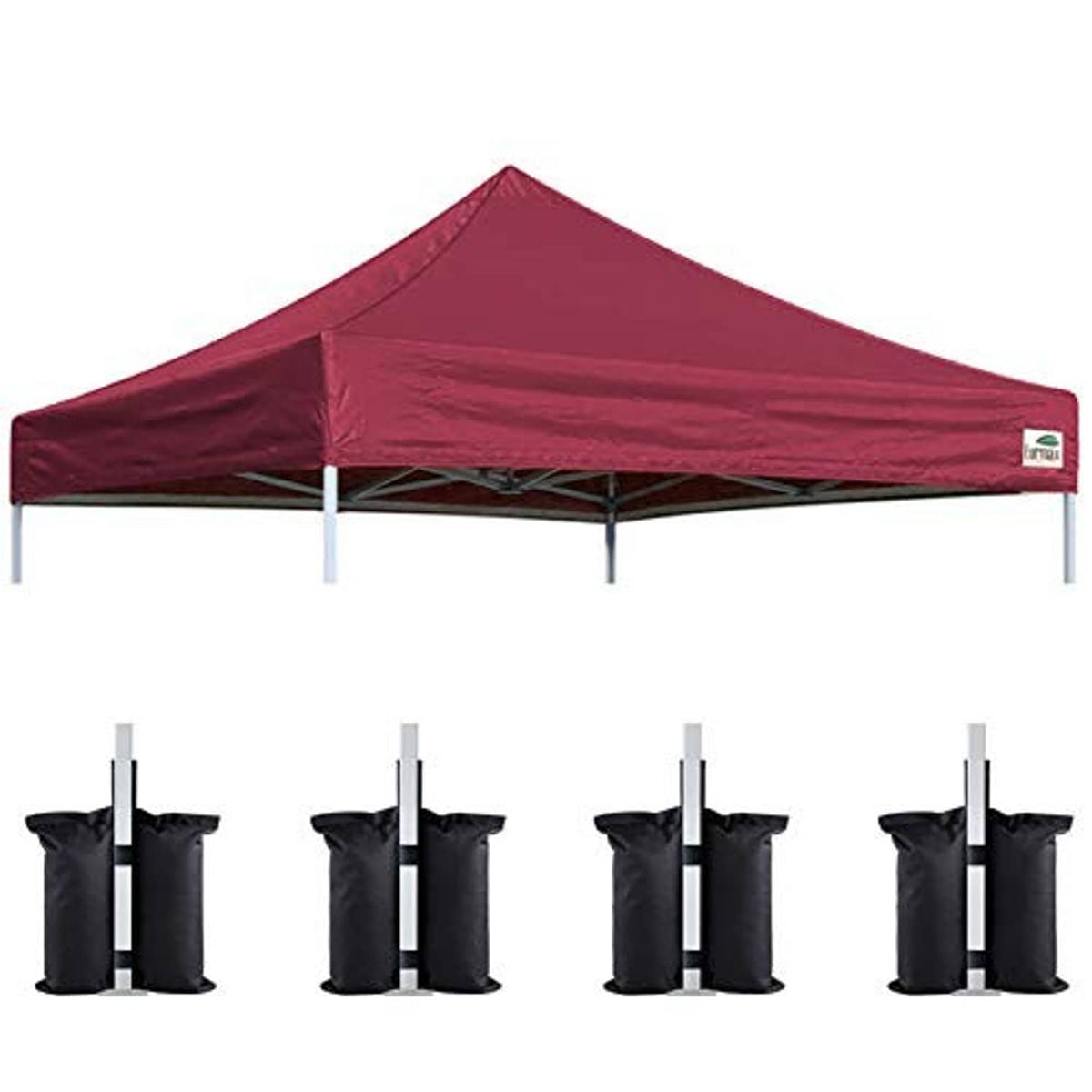 Burgundy pop-up canopy top with four storage bags and frame poles