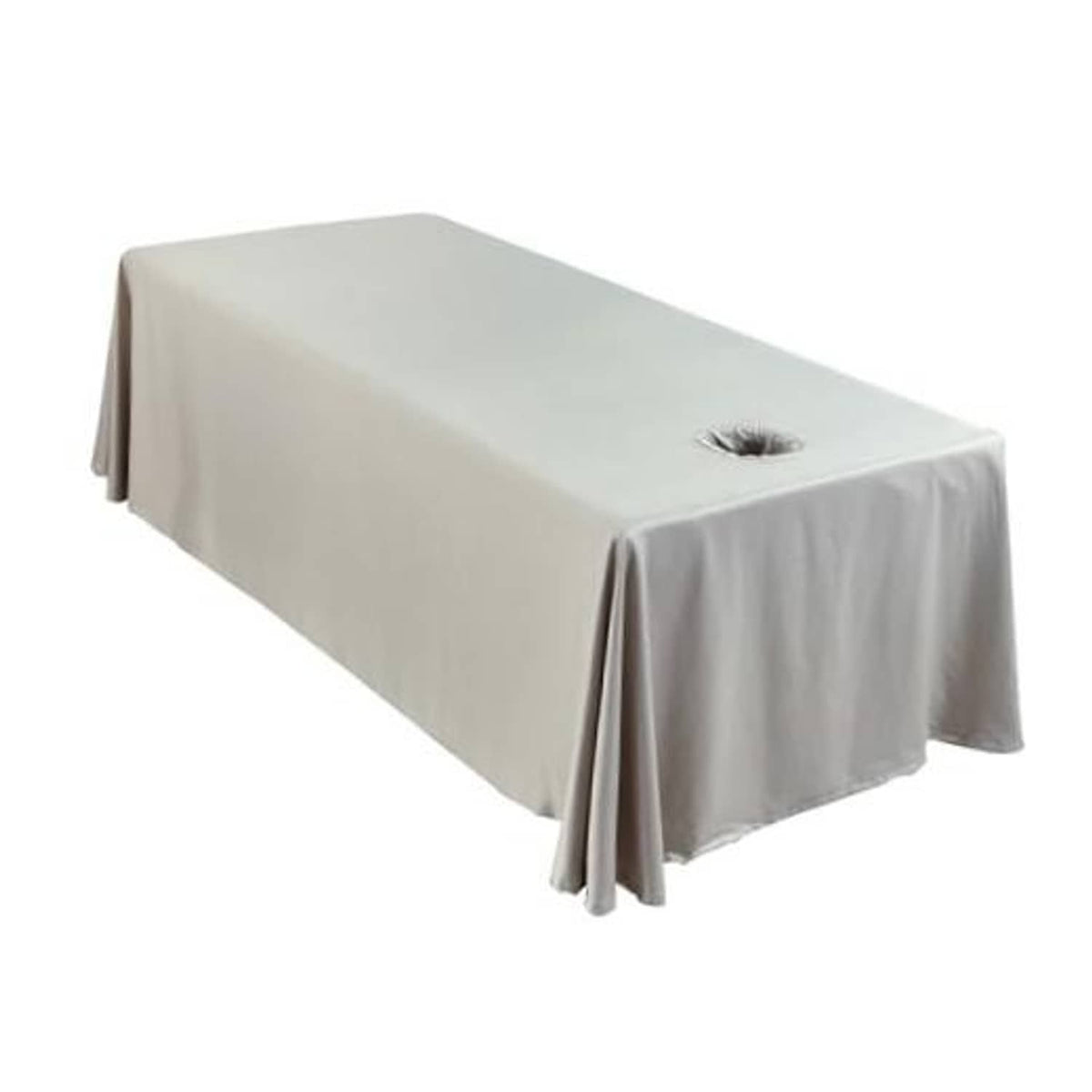 Grey massage table skirt sheet with corner drape and round face opening