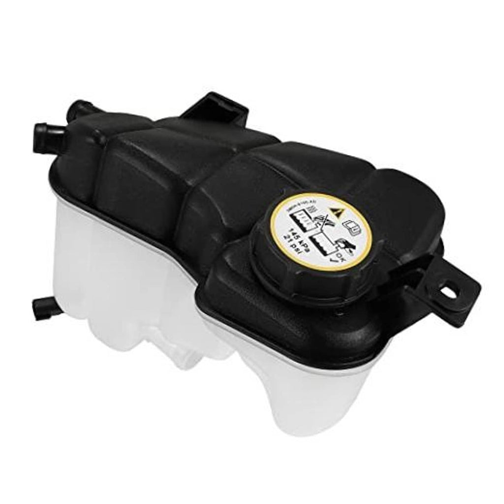 Coolant radiator reservoir tank with black housing and yellow warning cap, mounting bracket