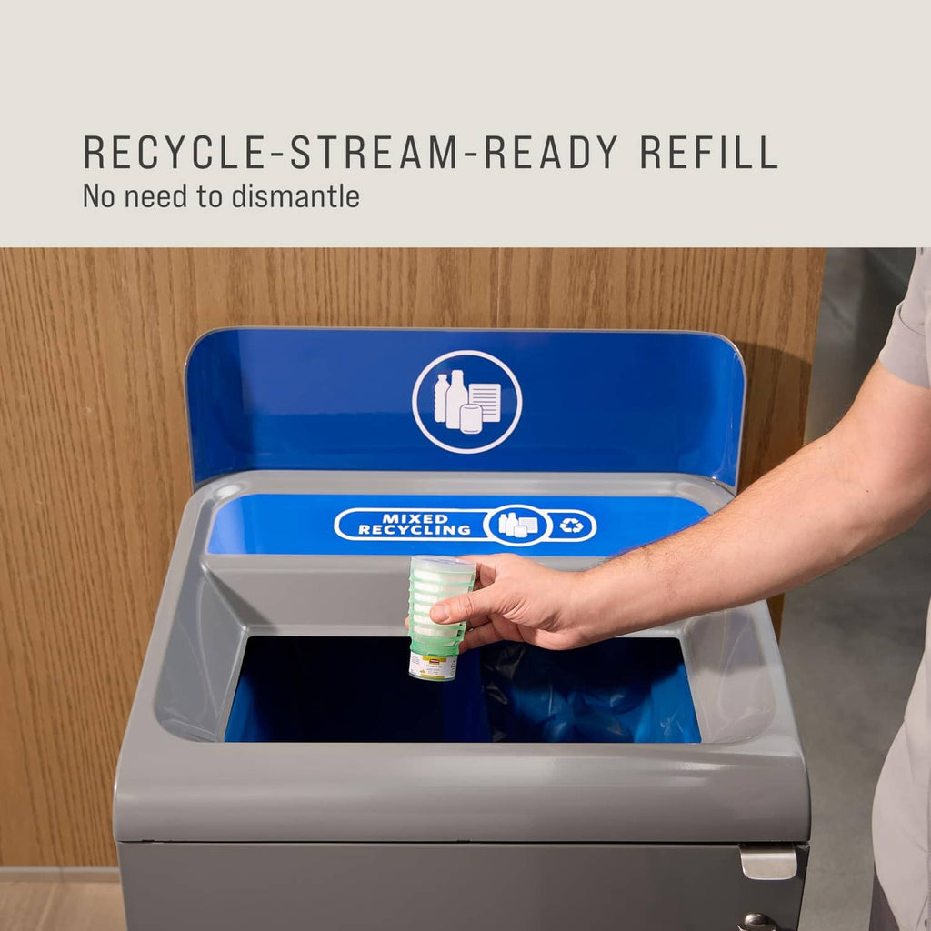 Air freshener refill container held near a recycling bin