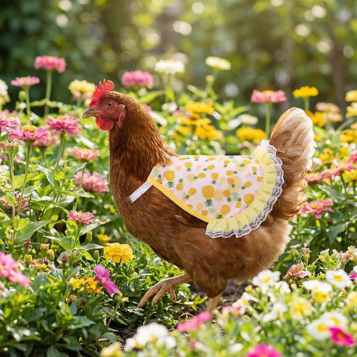 Chicken wing saddle with lace trim, white with pastel polka dots on brown hen
