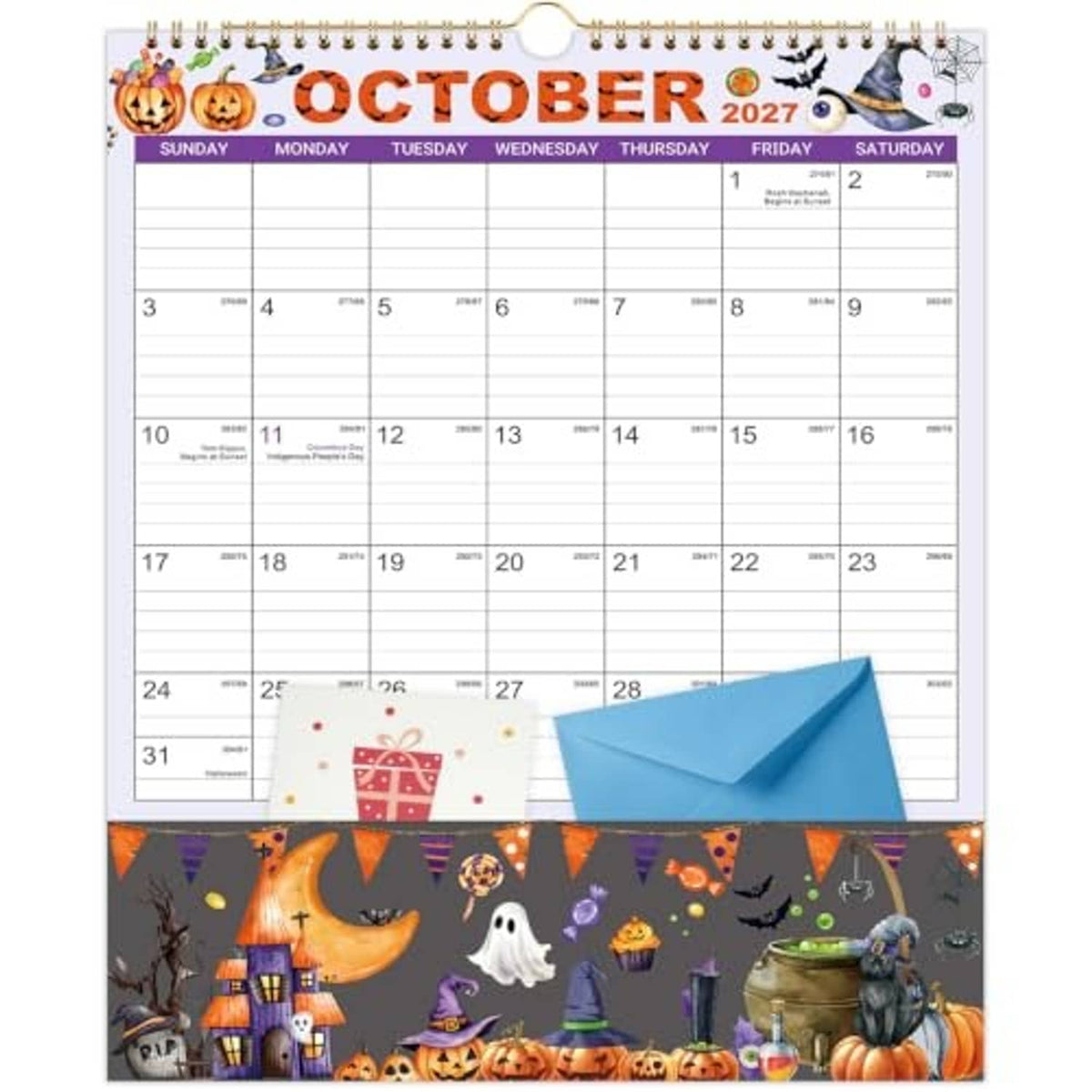 2027 wall calendar with pocket, October 2027 pages with blue envelope pocket