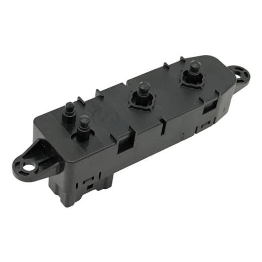 Power seat control switch, dark gray plastic housing with three round buttons and mounts