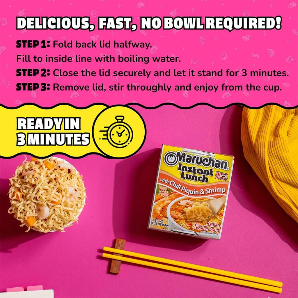 Maruchan Instant Lunch chili piquin & shrimp ramen cup with chopsticks and noodles