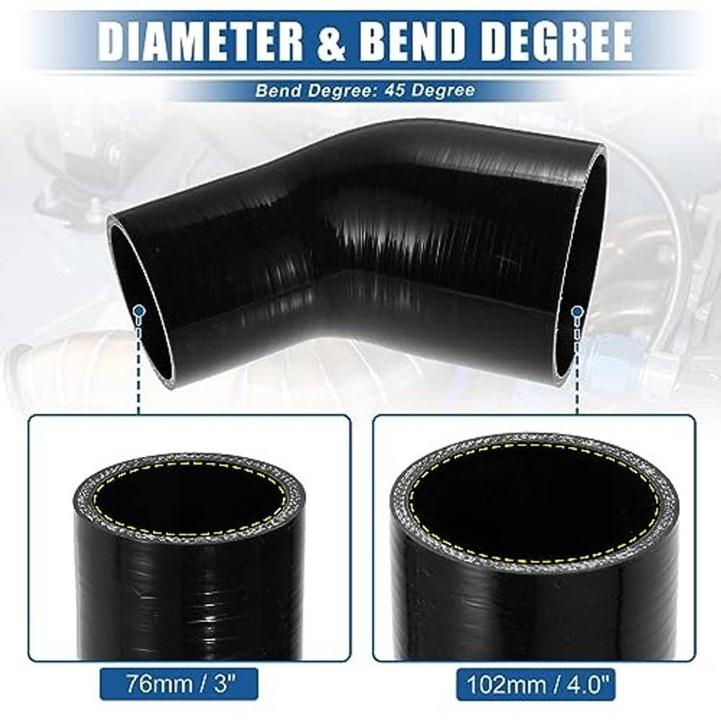 Black 45-degree silicone hose elbow reducer, reinforced inner lip detail