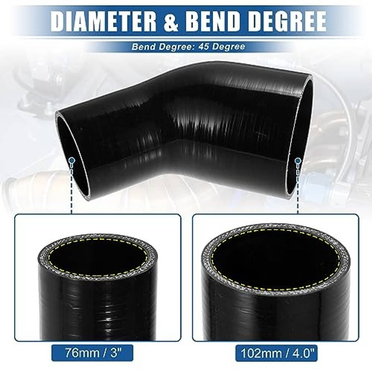Black 45-degree silicone hose elbow reducer, reinforced inner lip detail