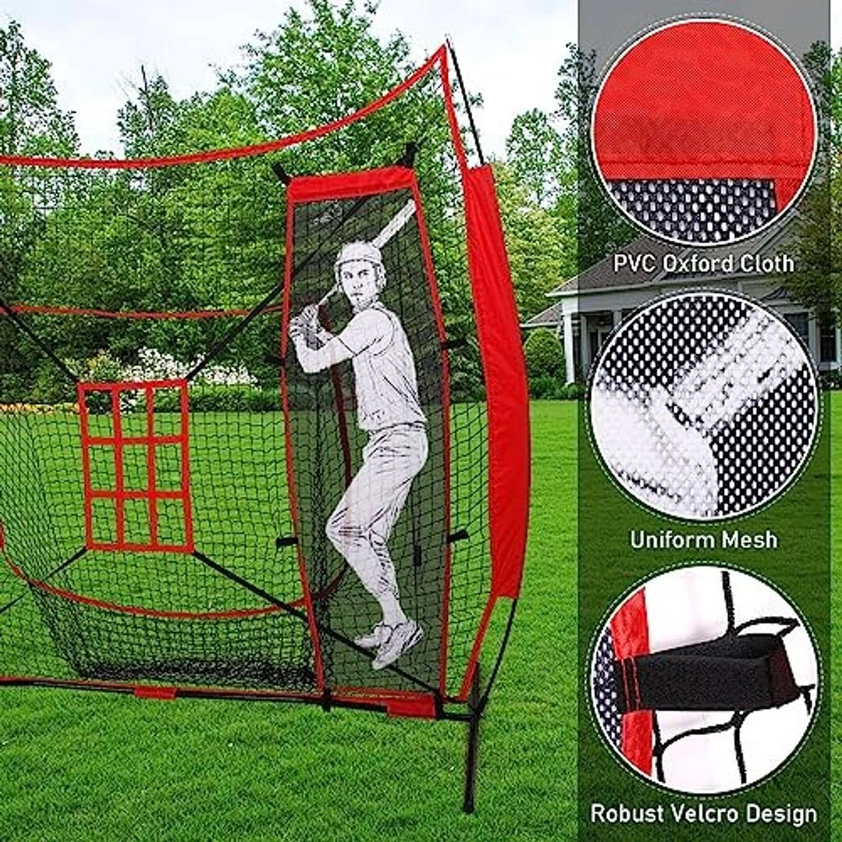 Outdoor baseball practice net with dummy batter panel and red mesh side walls