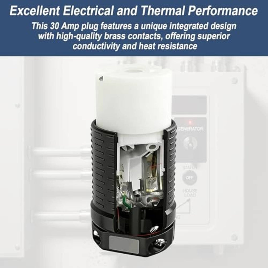 Industrial power plug with exposed internal brass contacts and white insulator