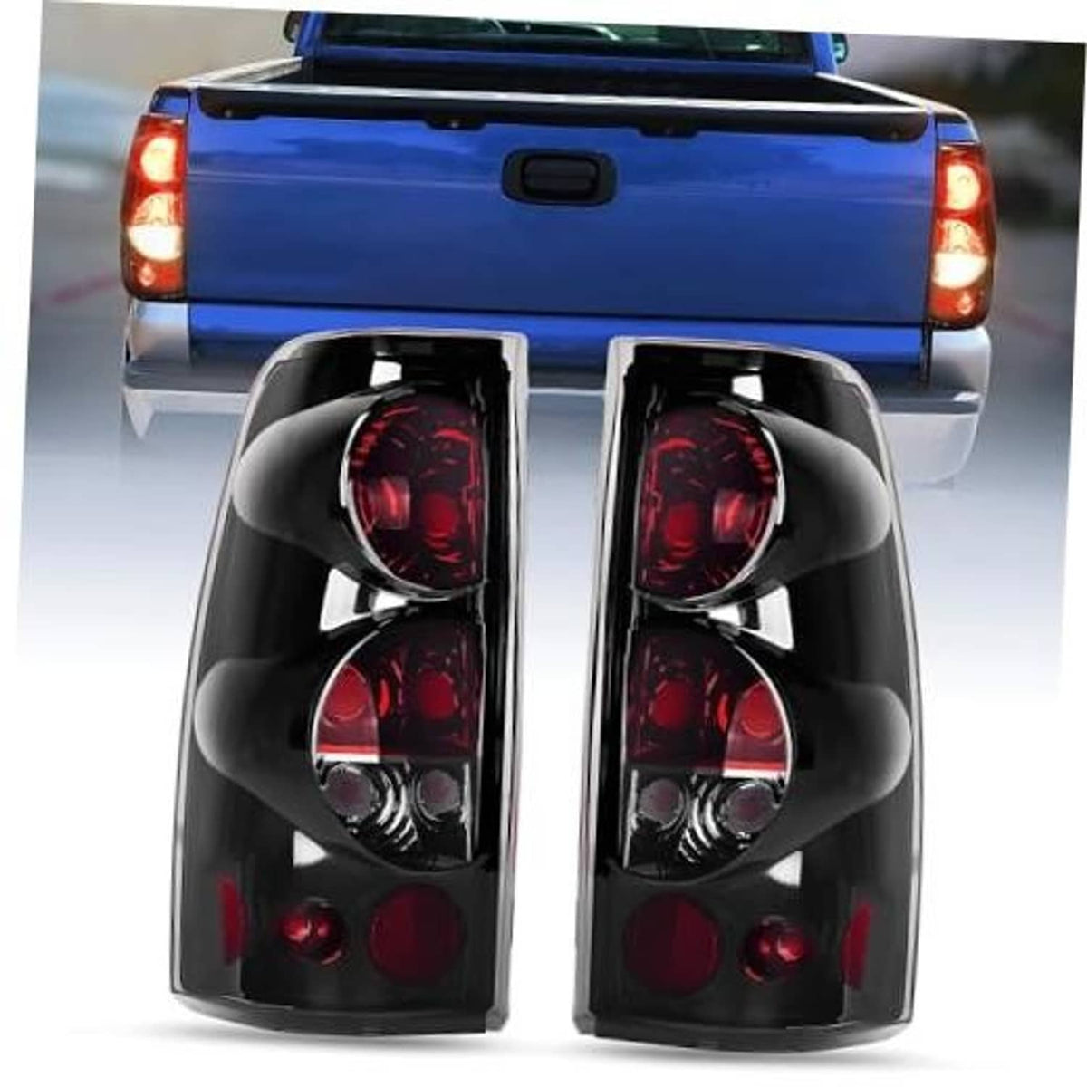 Smoked-lens taillight assembly, black housing with four red lamps, left/right pair