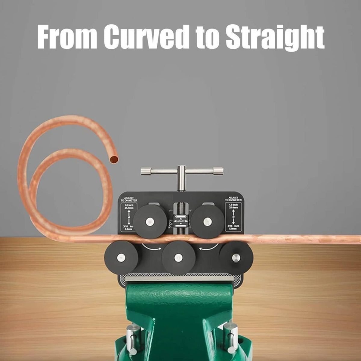 Tube straightener on a work surface with copper tube fed through rollers