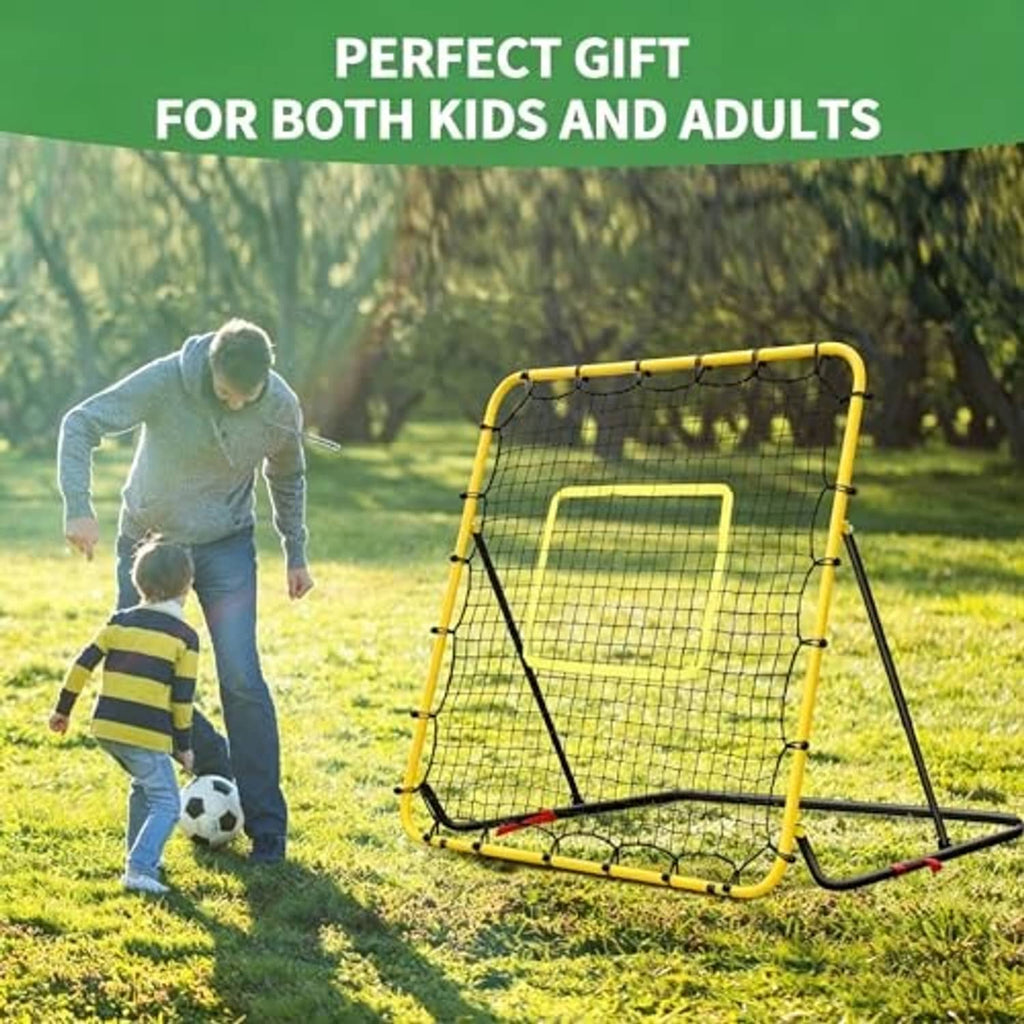 Yellow foldable rebounder net with white mesh, green target square, black legs on grass