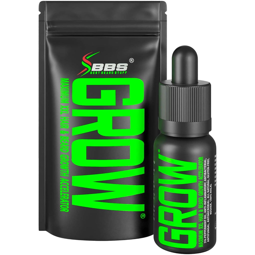 Beard growth serum pouch and dropper bottle, black packaging with neon green label
