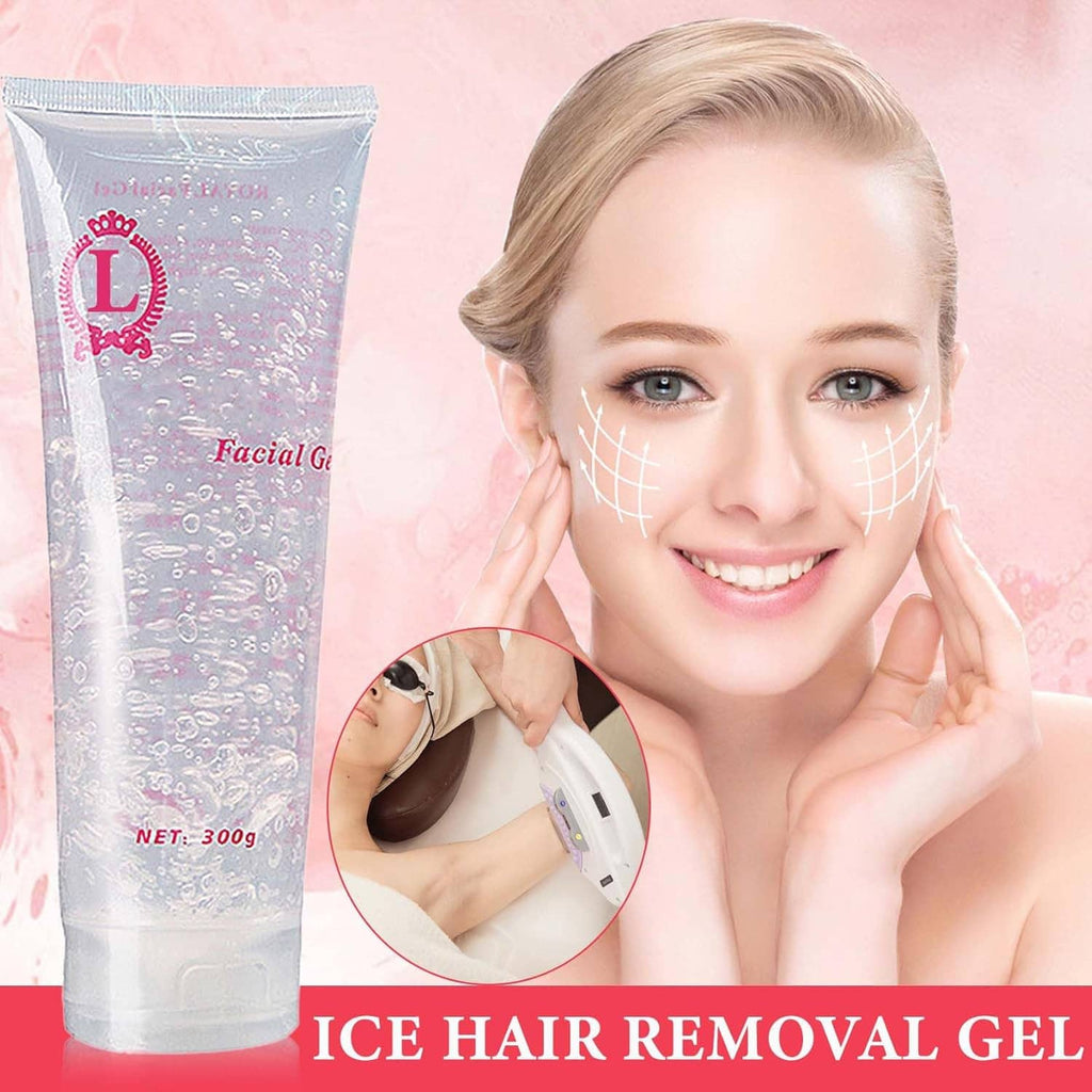 Facial cooling gel tube with clear gel applied to face, hair removal prep