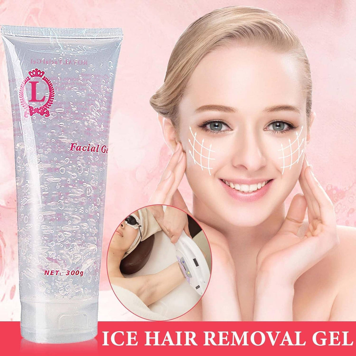 Facial cooling gel tube with clear gel applied to face, hair removal prep