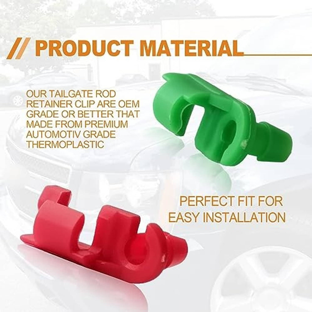 Thermoplastic tailgate rod retainer clips, green and red left/right
