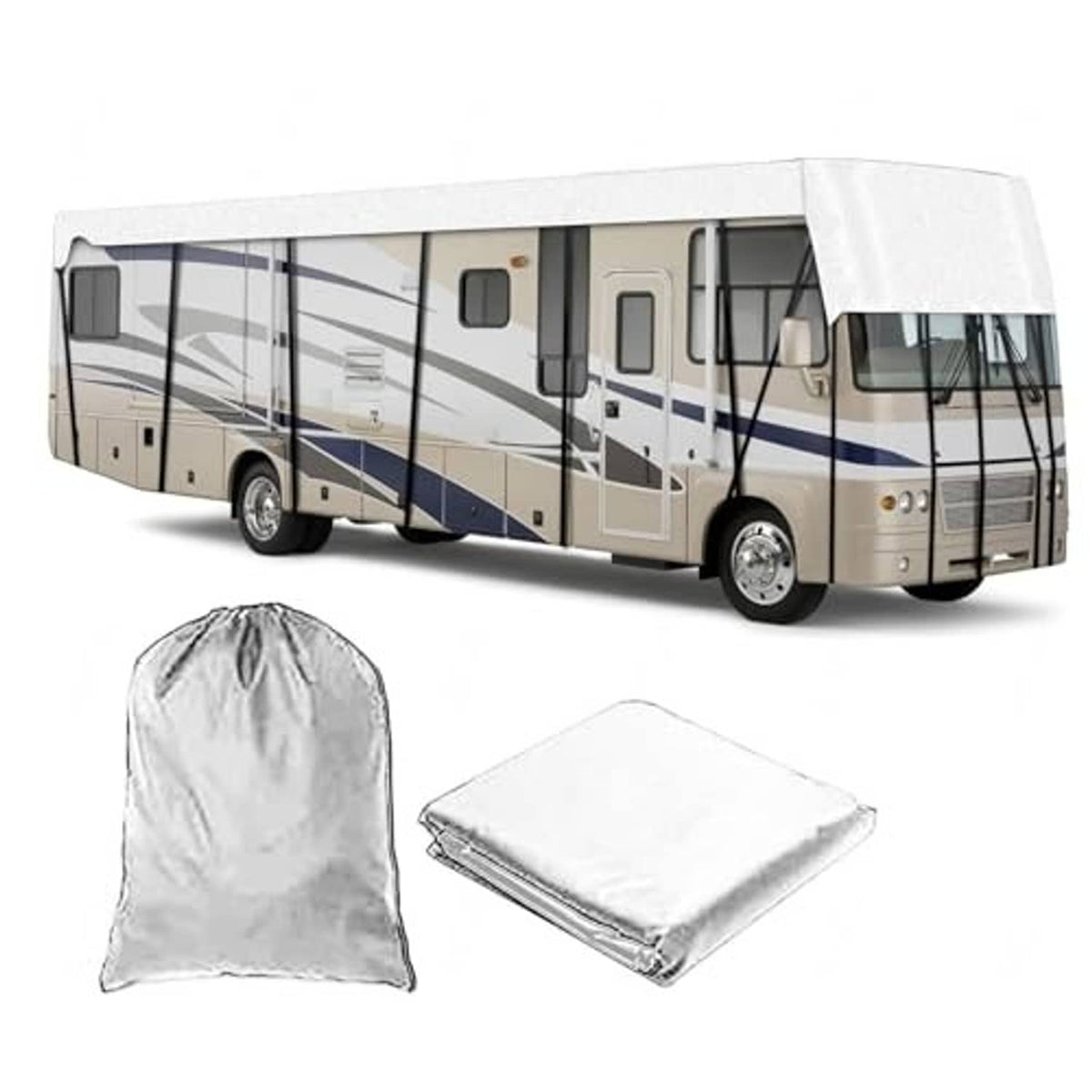 Gray RV roof cover over large RV, plus white storage bag and folded cover