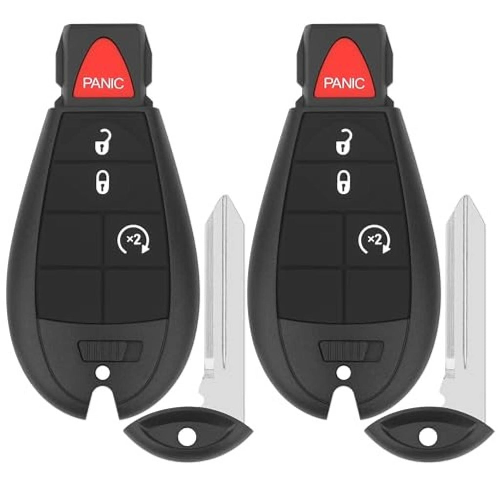 Pair of black key fob remotes with red PANIC button and key blade, showing buttons