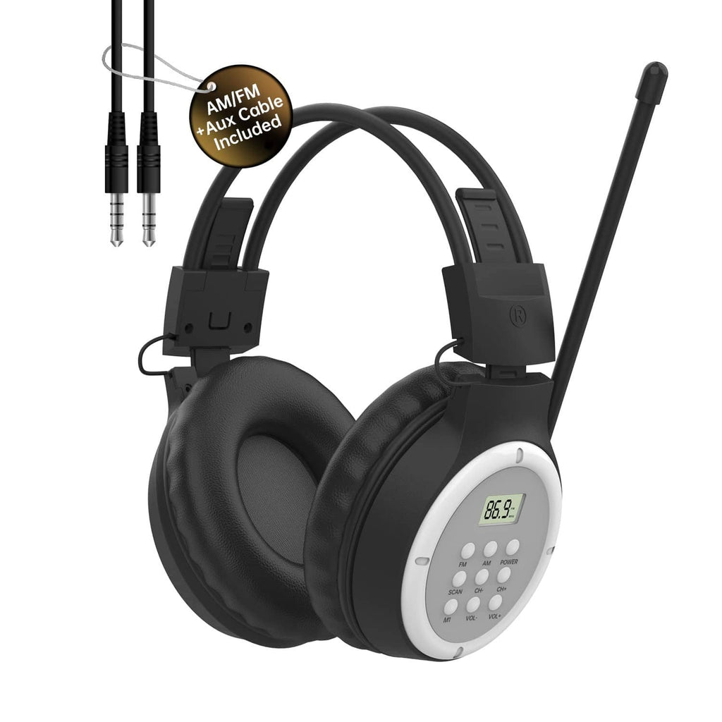 Black AM/FM radio headphones with large cushioned ear pads and built-in control display