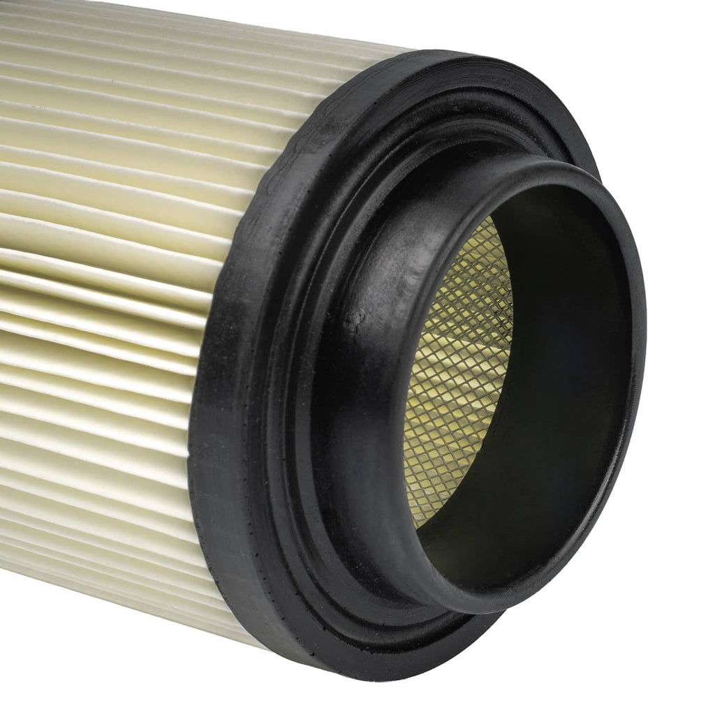 Close-up air filter end, black rubber rim with pleated cream media and inner mesh